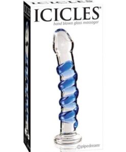 Icicles No. 5 Hand Blown Glass Massager - Clear w/Blue Swirls