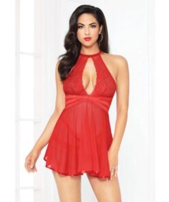 Lace Mesh Babydoll w/Strappy Waist & Panty w/Criss Cross Waistband Red XL