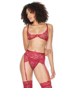 Scallop Stretch Lace Bra, Garter Belt & Thong Ruby MD