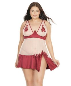 Sheer Nylon & Stretch Satin Babydoll w/Underwire Cups & G-String Merlot/Nude 3X/4X