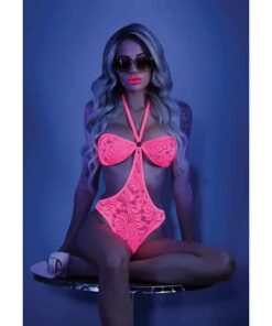 Glow Black Light Halter Bodysuit w/Open Sides Neon Pink S/M