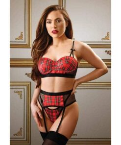 Tease Sophie Plaid Long Line Bra Garter Belt & G-String Red L/XL