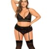 Lace Underwire Bra Thong & Garterbelt w/Lace Up Detail Black 1X/2X