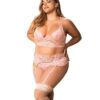 Lace Underwire Bra Thong & Garterbelt w/Lace Up Detail Rose 1X/2X