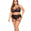 Underwire Mesh & Lace Top w/Bottom & Attachable Garters Black 1X/2X