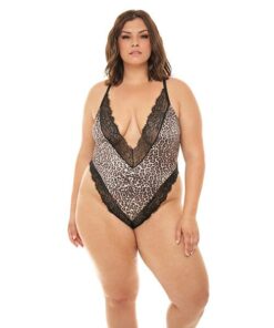 Jolene Satin Teddy w/Plunging Neckline Leopard/Black 3X/4X