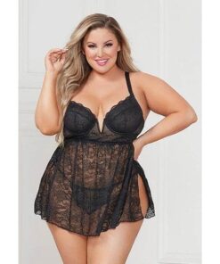 Stretch Lace Babydoll w/Underwire Cups & G-String Black 3X/4X