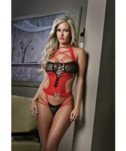 Cut Out Teddy w/Dazzling Straps & Contrasting Lace Black/Red O/S