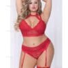 Lace & Netting Long Line Bra, Garter Belt & Open Crotch Thong Red 1X/2X