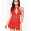 Lace Mesh Babydoll w/Strappy Waist & Panty w/Criss Cross Waistband Red LG