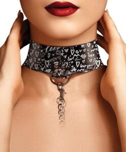 Shots Ouch Love Street Art Fashion Printed Collar w/Leash - Black