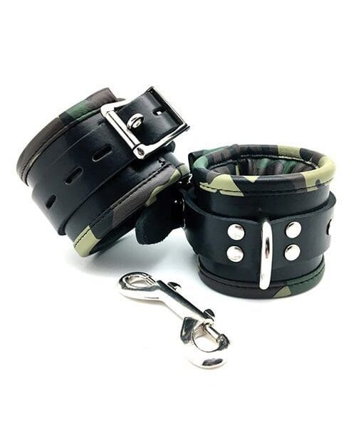 Sensual Sin Leather Padded Wrist Cuffs - Camo Piping