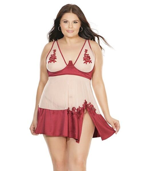 Sheer Nylon & Stretch Satin Babydoll w/Underwire Cups & G-String Merlot/Nude 3X/4X