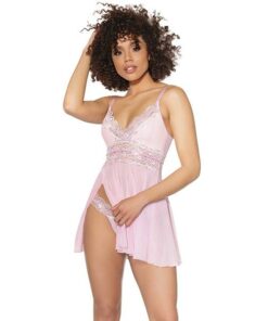 Crystal Pink Babydoll w/Lightly Padded Cups & Thong Pink/Silver SM