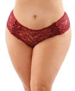 Bottoms Up Magnolia Stretch Lace Crotchless Panty w/Ribbon Lace Up Front Garnet QN