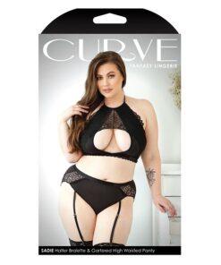 Curve Sadie Lace Overlay Keyhole Halter Top & Gartered Panty Black 3X/4X