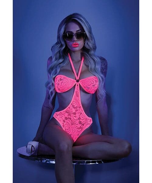 Glow Black Light Halter Bodysuit w/Open Sides Neon Pink L/XL