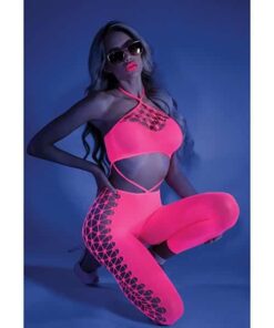 Glow Black Light Cropped Cutout Halter Bodystocking Neon Pink O/S