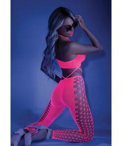 Glow Black Light Cropped Cutout Halter Bodystocking Neon Pink O/S