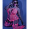 Glow Black Light Criss Cross Paneled Bodystocking Neon Pink QN