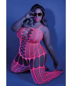 Glow Black Light Criss Cross Paneled Bodystocking Neon Pink QN