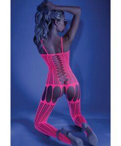 Glow Black Light Criss Cross Paneled Bodystocking Neon Pink O/S