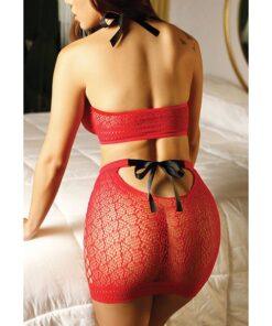 Vixen High Neck Halter Net Top & Tie Back Skirt Red L/XL