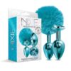 Nixie Metal Butt Plug Set w/Jewel Inlaid & Pom Pom - Blue Metallic