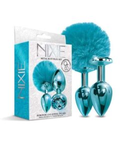 Nixie Metal Butt Plug Set w/Jewel Inlaid & Pom Pom - Blue Metallic