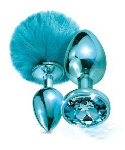 Nixie Metal Butt Plug Set w/Jewel Inlaid & Pom Pom - Blue Metallic