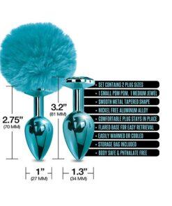 Nixie Metal Butt Plug Set w/Jewel Inlaid & Pom Pom - Blue Metallic