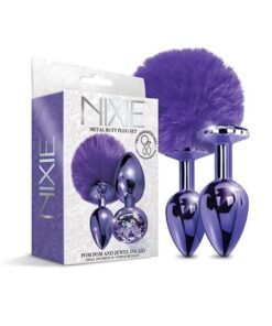 Nixie Metal Butt Plug Set w/Jewel Inlaid & Pom Pom - Purple Metallic