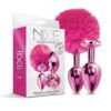 Nixie Metal Butt Plug Set w/Jewel Inlaid & Pom Pom - Pink Metallic