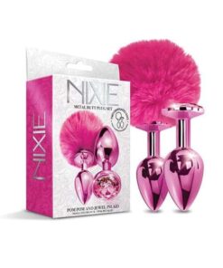 Nixie Metal Butt Plug Set w/Jewel Inlaid & Pom Pom - Pink Metallic