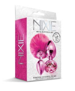 Nixie Metal Butt Plug Set w/Jewel Inlaid & Pom Pom - Pink Metallic