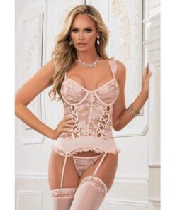 Lace Up Garter Corset w/Thong & Stockings Champagne Pink O/S