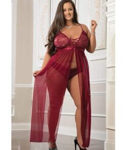 Empire Waist Laced Sheer Long Dress & Panty Mulled Wine QN