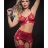 Laced Bra Garter Skirt Thong & Stockings Red O/S