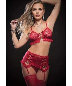 Laced Bra Garter Skirt Thong & Stockings Red O/S