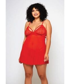 Galloon Lace & Fine Mesh Babydoll & G-String Red 1X