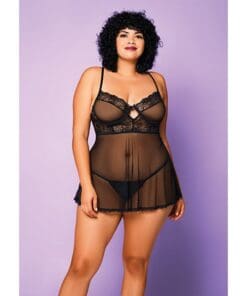 Soft Mesh Babydoll & G-String Black 1X