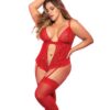 Lace & Mesh Teddy w/Hook & Eye Crotch Closure w/Attached Garter Straps Red 2X/3X