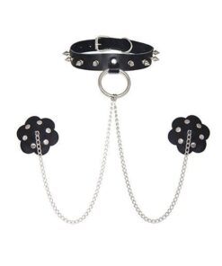 Burlesque Slave 4 U Chain Neck Choker Leather Reusable Silicone Nipztix - Black O/S