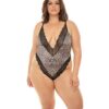 Jolene Satin Teddy w/Plunging Neckline Leopard/Black 1X/2X