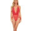 Sloane Soft Cup Deep Plunge Teddy w/Side Lace Up Ribbon Detail Red L/XL