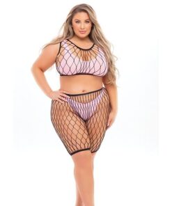 Pink Lipstick Brace for Impact Large Fishnet Top Shorts Bra & Thong (Fits up to 3X) Pink QN