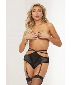 Stretch Lace High Waist Panty w/Double Straps & Garters Black XL