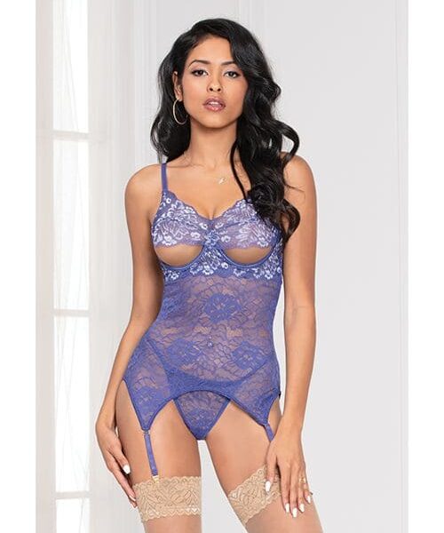 Cross Dye Lace Peek a Boo Chemise w/Attached Garters & G-String Iris O/S