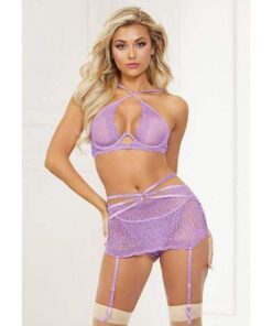 Galloon Lace Bra Garter Skirt & G-String Lavender O/S